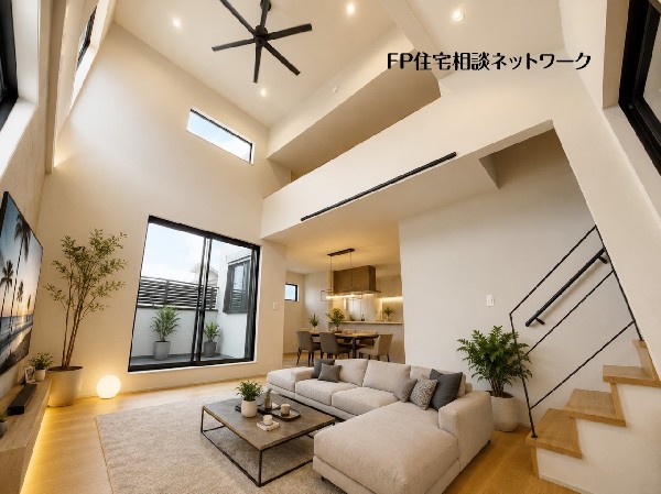【参考プラン　建物面積100ｍ2　建物参考価格　2200万円（税込）】開放感を演出する勾配天井。実際の広さよりも空間の広がりを感じ、より開放的な気分になります。