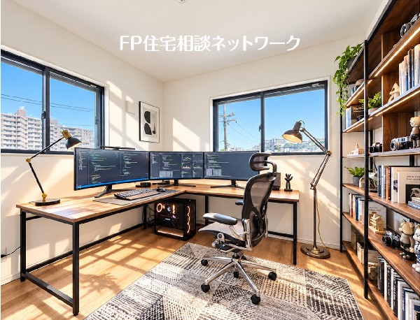 本画像はAIがCGで家具、ＰＣ、棚、照明などを生成しているため、実際の現地には設置されておりません。