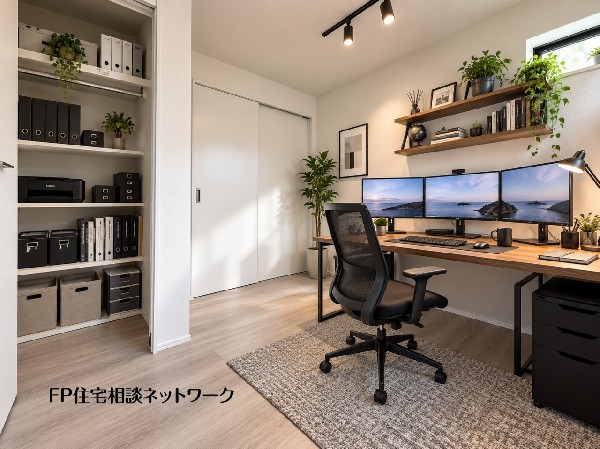 本画像の家具、PC等はCGイメージで販売価格にも含まれず、付帯しません。間接照明、棚工事は有償です。