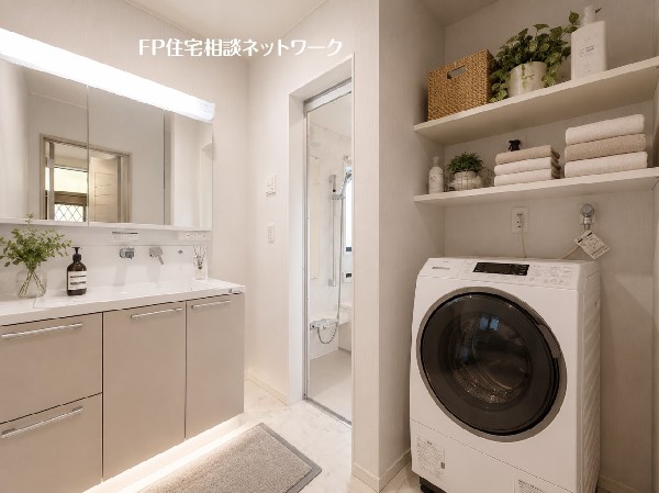 本画像の洗濯機、小物、植物等はCGイメージで販売価格にも含まれず、付帯しません。棚工事は有償です。