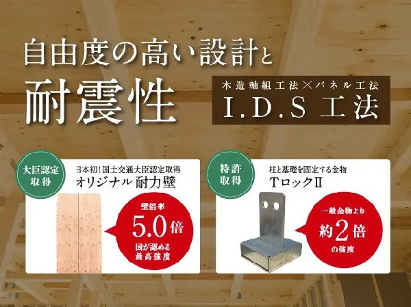 【IDS工法】耐震性に優れる構造用合板パネルを組み合わせ、外壁・床・屋根を一体化させることで、最高等級の耐震性を実現したオリジナルの建築工法です。