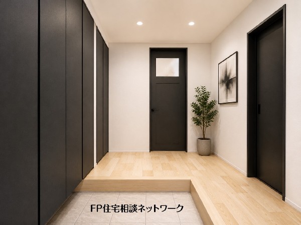 【内観イメージパース】玄関ホールがスッキリ広々としていると帰る時も出ていく時も気持ちが良い。来客を出迎える玄関が綺麗ならその家の印象が良くなる。