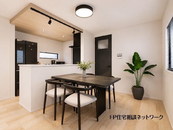 【内観イメージパース】対面式のカウンターキッチンですので、出来上がったお料理をカウンターに並べてお子様が運ぶなど、お手伝いの時間も増えそうですね。