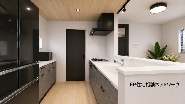 【内観イメージパース】キッチン奥には、ストック食材やキッチン家電の収納に便利なパントリー収納付です。大きなお弁当箱などのシーズン品、レシピ本など収納できます。