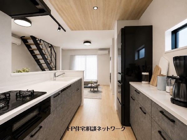 【内観イメージパース】新しいキッチンは食事の支度も楽しく出来る。お手伝いをしてくれるお子様と並びながら準備や片付けが出来るキッチンです。