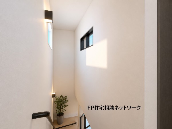 【内観イメージパース】階段部分には自然の光を取り込むことの出来る、窓を配置しており明るい空間！お掃除の際には空気の換気などにも便利です。