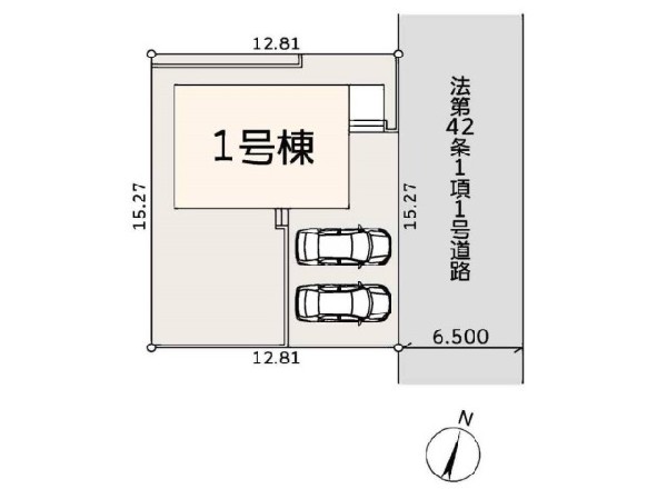 区画図:土地面積195.84m2、カースペースは並列2台分を確保。南側には陽当たりの良いお庭スペースもあり、ガーデニングやお子様の遊び場など多彩に活用できます。