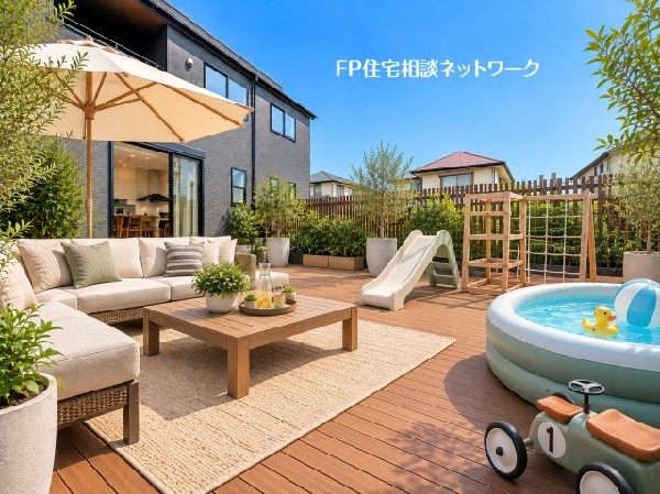 外観:本画像のウッドデッキパネル、家具、植栽等はCGの配置イメージです。販売価格にこれら等は含まれません。