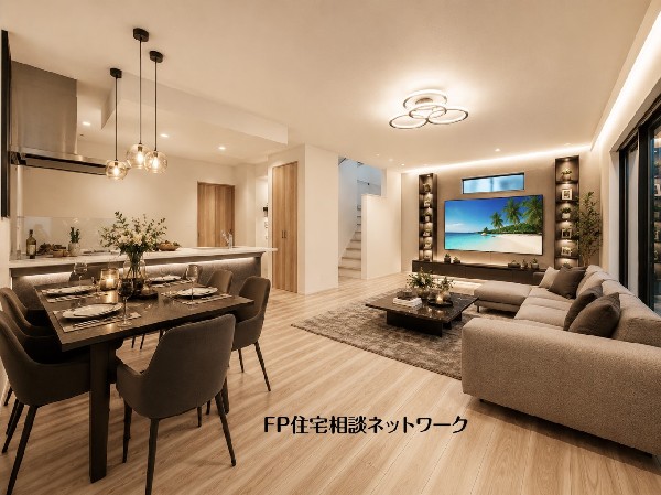 本画像の家具等はCGイメージで販売価格にも含まれず、付帯しません。間接照明、TV壁掛工事は有償です。