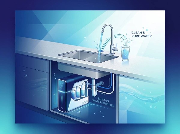 ビルトイン浄水器　キッチンのシンク下に設置するビルトイン浄水器。省スペースで専用水栓からろ過された安全な水をいつでも利用可能。クリーンな水のある暮らしを実現します。