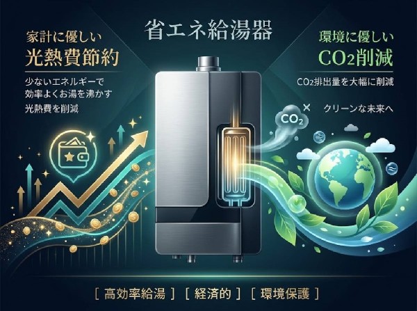 省エネ給湯器　従来型より熱効率が高く、少ない燃料でたくさんのお湯を沸かすことが出来る給湯器。