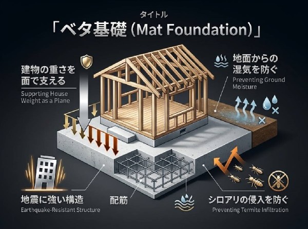 【ベタ基礎】大きな面で家の重みを支え地震に強いのが特徴です。また床下の地面をすべてコンクリートで覆うので、湿気が建物に伝わりにくく住宅の木材の腐食等の心配も減ります。