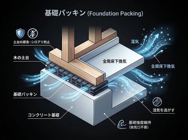 【基礎パッキン】基礎と土台の間に基礎パッキンを入れることにより分離させ、土台からの湿気を基礎へ浸透するのを防ぎます。また、床下換気が可能です。