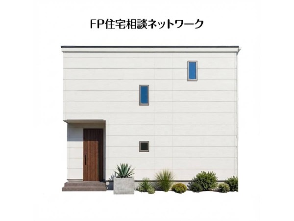 外観:完成予想イメージ：白いサイディングの外壁と、木の玄関ドアが調和するモダンな住宅。アプローチの石畳が風格を感じさせます。無駄のないデザインで、機能性と美しさを両立させた、理想の住まいをご提案します。 