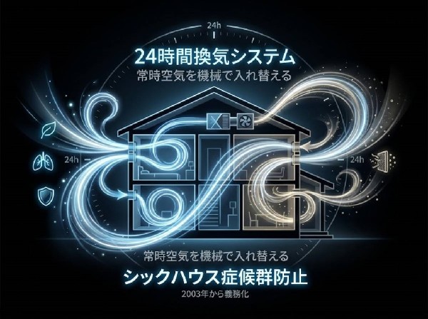 24時間換気システム　シックハウス防止を主な目的に全ての住宅に義務化された。1時間に換気回数0.5回以上の機械換気を行う。