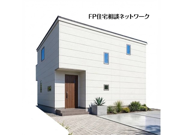 外観:完成予想イメージ：シンプルな白い外壁が美しい、落ち着いた印象の2階建て住宅。縦に並んだ小窓が外観のリズムとなり、玄関前の植栽が彩りを添えます。飽きのこないデザインで、長く快適に暮らせるお住まいです。 