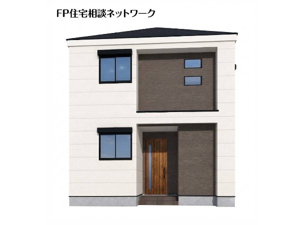 外観:完成予想イメージ：白い外壁にブラウンのアクセントが映える、スタイリッシュな2階建て住宅。大きな窓と木目調の玄関ドアが、モダンな中にも温かみを感じさせるファサードを演出します。 