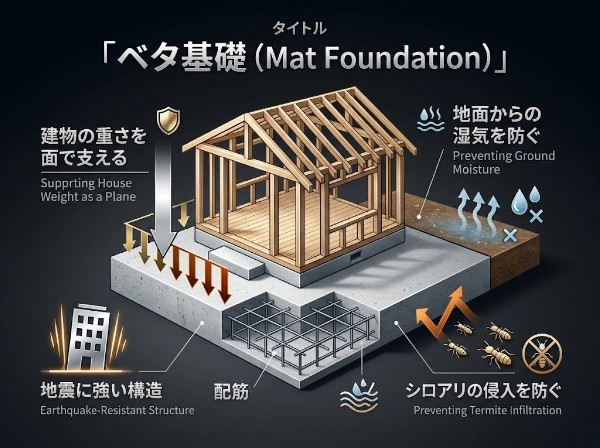 【ベタ基礎】大きな面で家の重みを支え地震に強いのが特徴です。また床下の地面をすべてコンクリートで覆うので、湿気が建物に伝わりにくく住宅の木材の腐食等の心配も減ります。