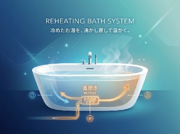 【】追炊きバス　浴槽内の湯が冷めたときに、沸かし直すことができ、いつでも温かいお湯に浸かることが出来ます。