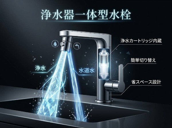 【浄水器一体型水栓】別置きの浄水器が不要のため省スペースで設置可能。手元のレバーやボタンで簡単に浄水と水道水を切り替えられ、快適に利用できます。