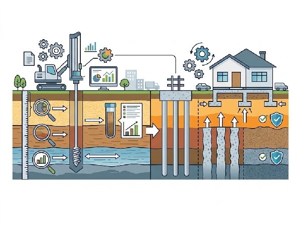 【地盤調査・改良】地盤調査・改良　地盤調査で土地の固さを調べ、軟弱な場合は補強工事（地盤改良）をして建物の沈下や傾きを防ぎ、安全に建てるための重要な工程です。