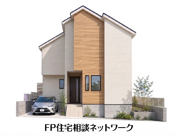 外観:完成予想イメージ：明るいベージュの外壁とナチュラルな木目調のアクセントが調和する、モダンで温かみのある一戸建て。洗練されたキュービックなフォルムに、植栽の緑が彩りを添えています。