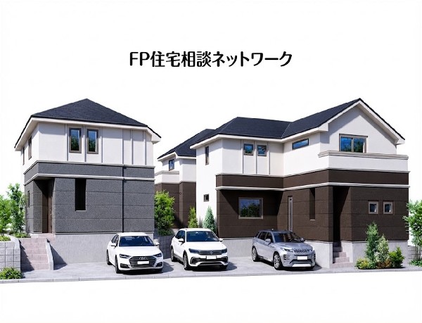 外観:完成予想イメージ：白を基調とした明るい街並みです。都会的なデザインと豊かな緑が調和し、洗練された暮らしを予感させます。全3区画で、それぞれに趣向を凝らしたプランをご用意いたしました。
