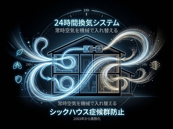 【】24時間換気　シックハウス症候群などを防ぐため、住宅全体の空気を機械で常に入れ替えるシステムです。2003年からすべての住宅に設置が義務化されています。