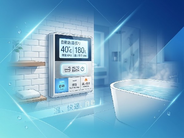 【】オートバス　スイッチひとつで設定した温度・水量のお湯張りを自動で行う機能です。保温や追い焚きもでき、いつでも温かいお風呂を楽しめます。