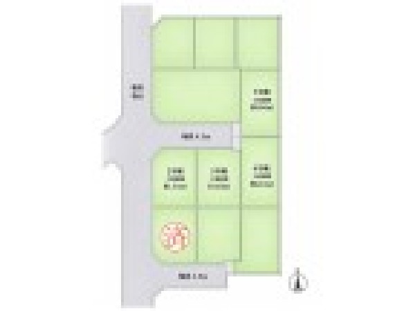 区画図:高低差のないフラットな分譲地。前面道路は幅員4.5m・6mを確保しており、車の出し入れもしやすいゆとりある街並みです。区画が整った、開放感のある住環境も魅力です。