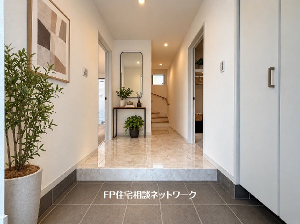【プラン例　建物価格2400万円　建物面積97m2】玄関ホールがスッキリ広々としていると帰る時も出ていく時も気持ちが良い。