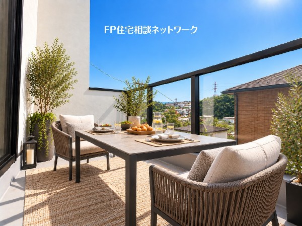 外観:【プラン例　建物価格2400万円　建物面積97m2】多用途にご利用いただける大型ルーフバルコニーです。