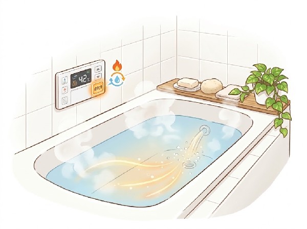 【】追炊きバス　浴槽内の湯が冷めたときに、沸かし直すことができ、いつでも温かいお湯に浸かることが出来ます。