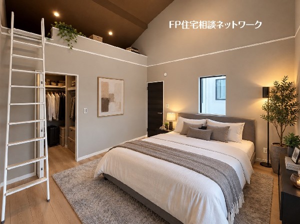 【プラン例　建物価格2400万円　建物面積97m2】勾配天井を採用した居室。横だけではなく、縦の広がりを持たせることにより開放感を演出しました。