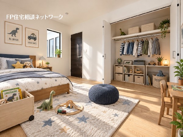 【プラン例　建物価格2400万円　建物面積97m2】大型の収納クローゼットを完備。季節物のお洋服などもしっかりと整理整頓出来ます。