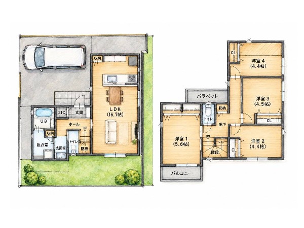 外観:建物プラン例4LDK、土地価格5480万円、土地面積115.37m2、建物価格1967万円、建物面積91.72m2