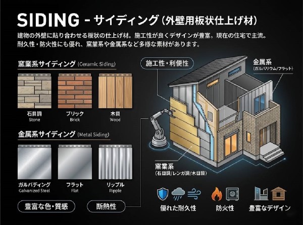 【サイディング】建物の外壁に張るパネル状の材料です。セメントや金属からなり、デザイン豊富で施工しやすいため、現代の住宅で広く普及しています。
