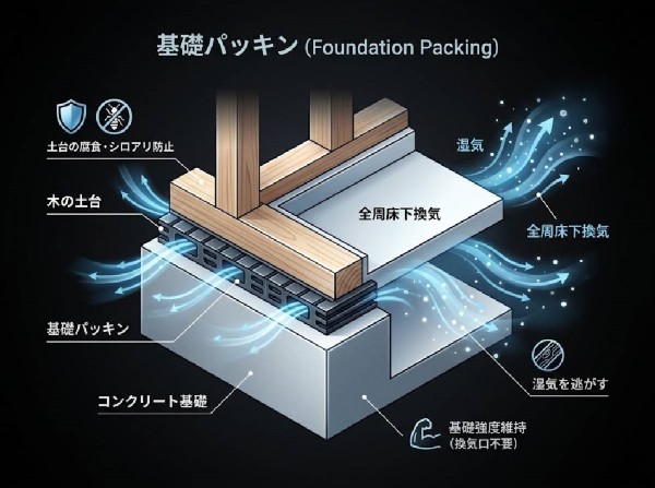 【基礎パッキン】基礎と土台の間に挟む部材です。床下全体の換気を促して湿気やシロアリを防ぎ、建物の耐久性と基礎の強度を保ちます。