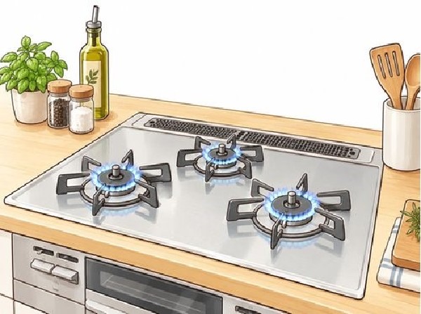 【三口ガスコンロ】同時に異なる料理を作ることができ、調理時間を大幅に短縮できる便利な調理器具です。様々なサイズの鍋に対応し、効率的な調理をサポートします。