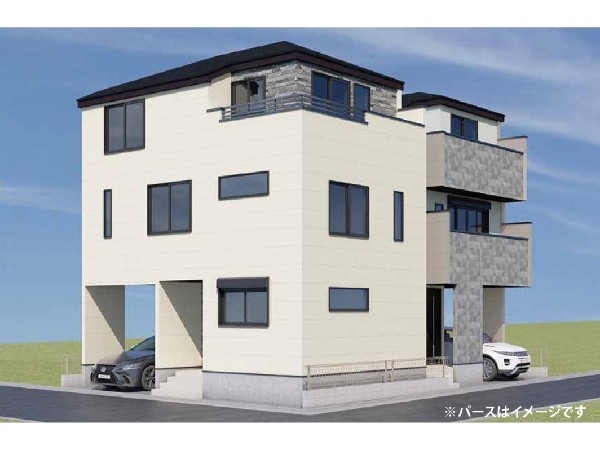 外観:（1号棟）白を基調にしたモダンな外観。長く愛着を持って住むからこそシンプルなデザインに仕上げました。