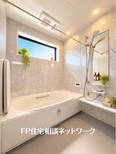 ゆったり入れる１坪タイプの浴室。雨の多い時季のお洗濯に重宝する浴室換気乾燥機付。追炊きオートバス付。