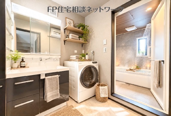 三面鏡で朝の身支度も快適♪（本画像はAI加工済みであり、家具家電等はなく価格にも含まれていません）