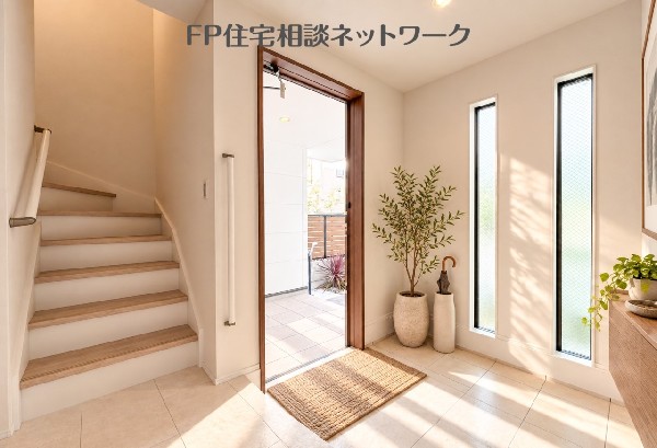 おかえりを迎える明るい玄関♪（本画像はAI加工済みであり、家具等はなく価格にも含まれていません）