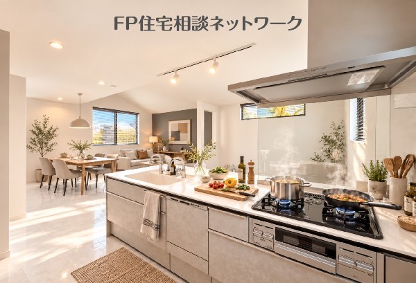 調理と片付けがしやすい対面キッチン（本画像はAI加工済みであり、家具等はなく価格にも含まれていません）