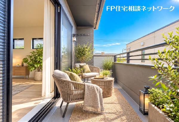 陽当り良好なバルコニー。（本画像はAI加工済みであり、家具等はなく価格にも含まれていません）