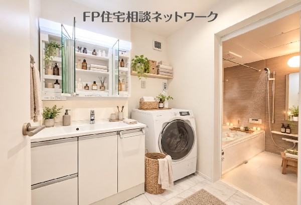 鏡の裏に収納を確保した三面鏡（本画像はAI加工済みであり、家具等はなく価格にも含まれていません）