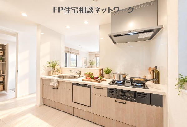 家事がスムーズな対面キッチン（本画像はAI加工済みであり、家具等はなく価格にも含まれていません）  